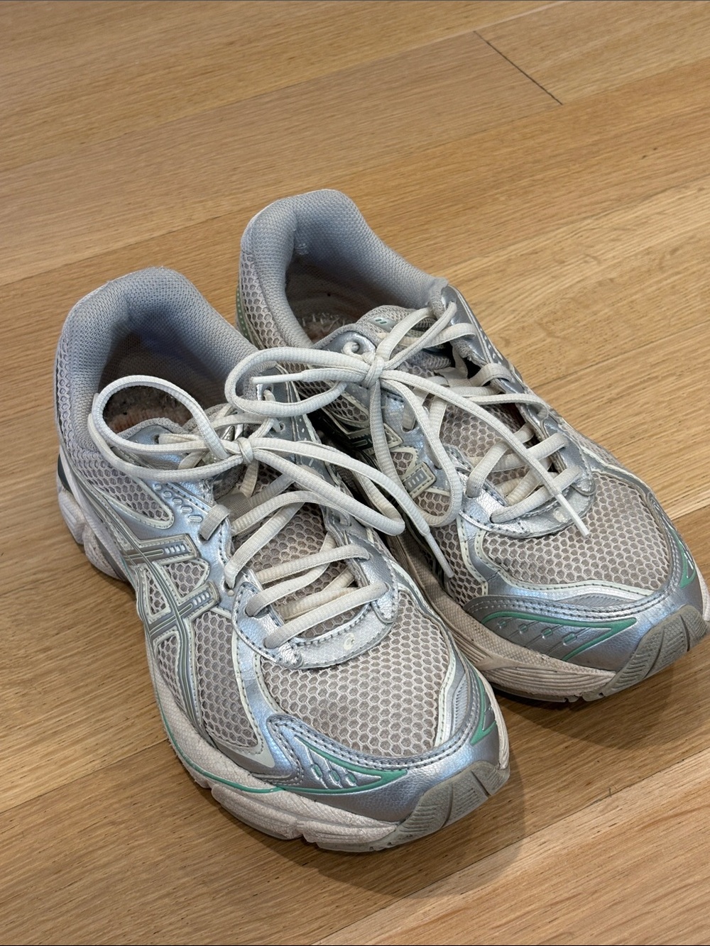 Asics Silver Mesh Athletic Running Sneakers with Light Teal Accents